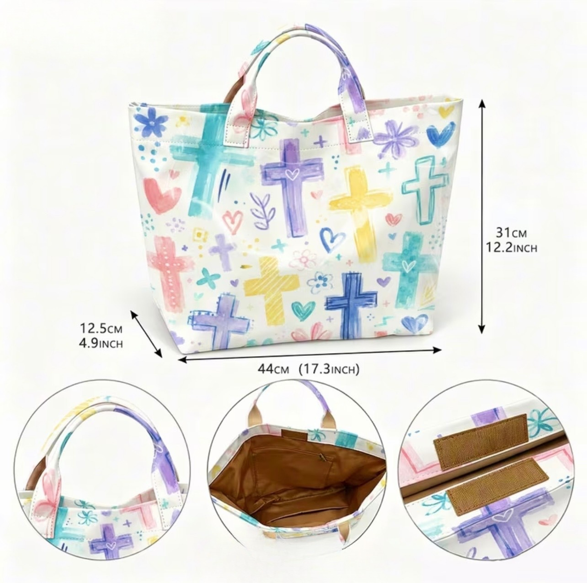 Watercolor cross tote bag with dimensions – front and detail views showing interior and closure