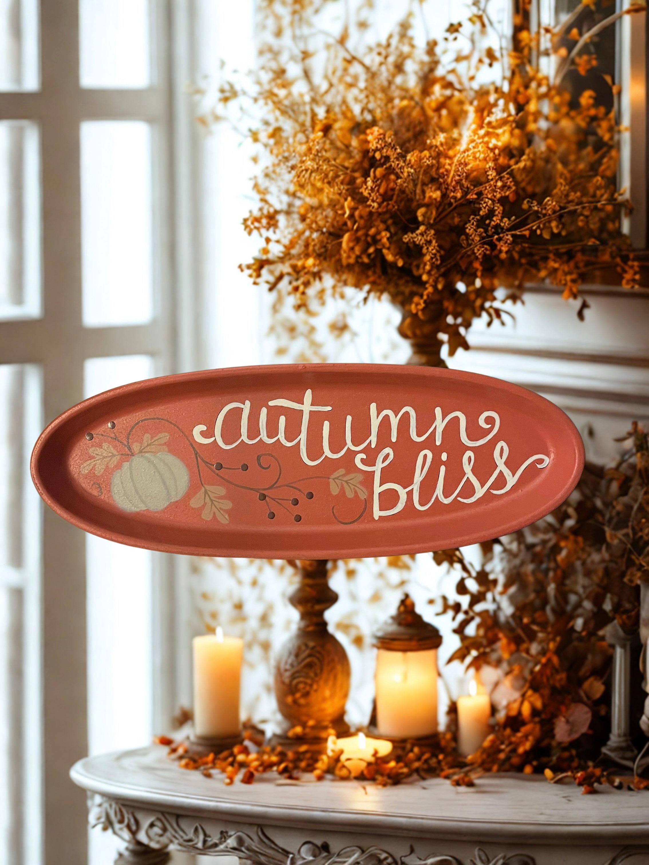Autumn Bliss oval tray styled with fall arrangement