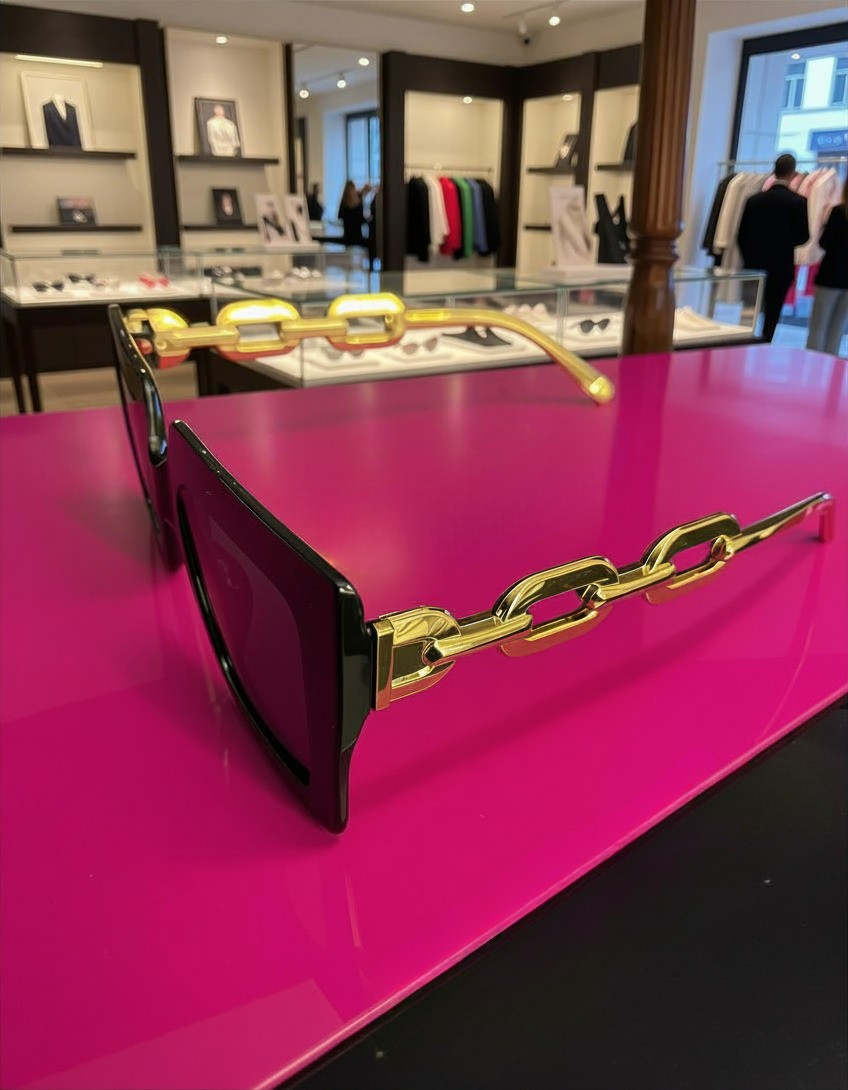 Chain Reaction Sunglasses on pink surface showing gold chain arms