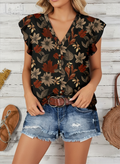 Bohemian Flutter Sleeve Blouse Floral Print Top – Burgundy & Black