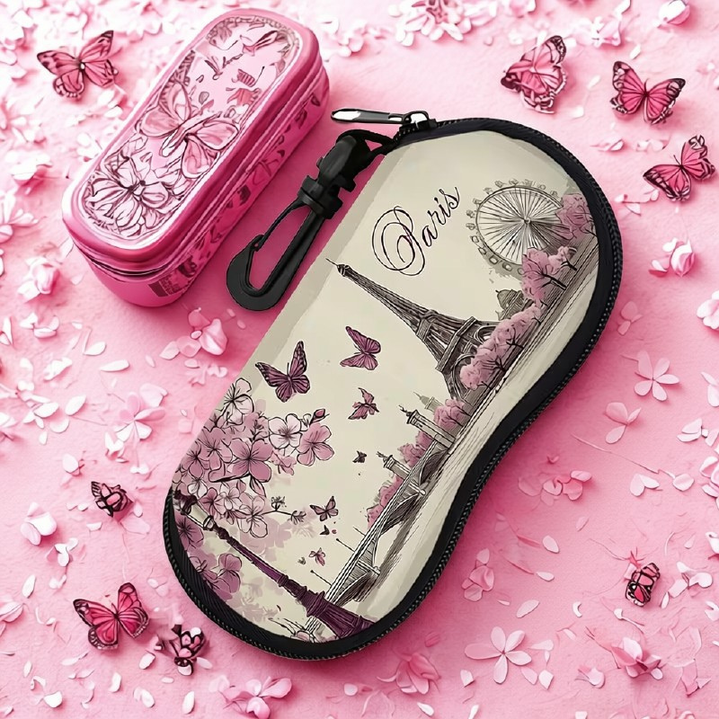 Paris Eiffel Tower Floral & Butterfly Zippered Glasses Case