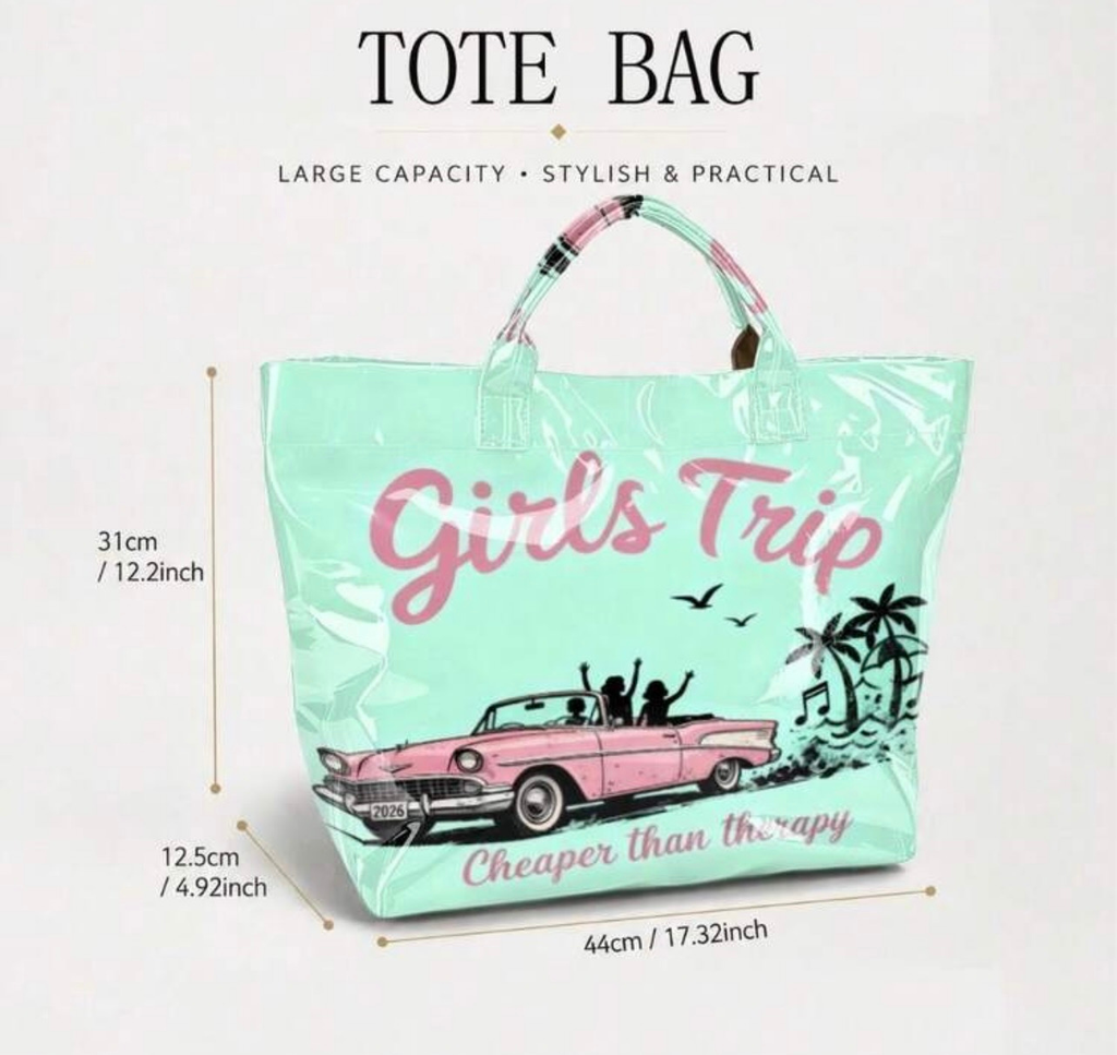 Girls Trip Vintage Convertible Tote Bag – Large Shiny Mint Green PVC Handbag