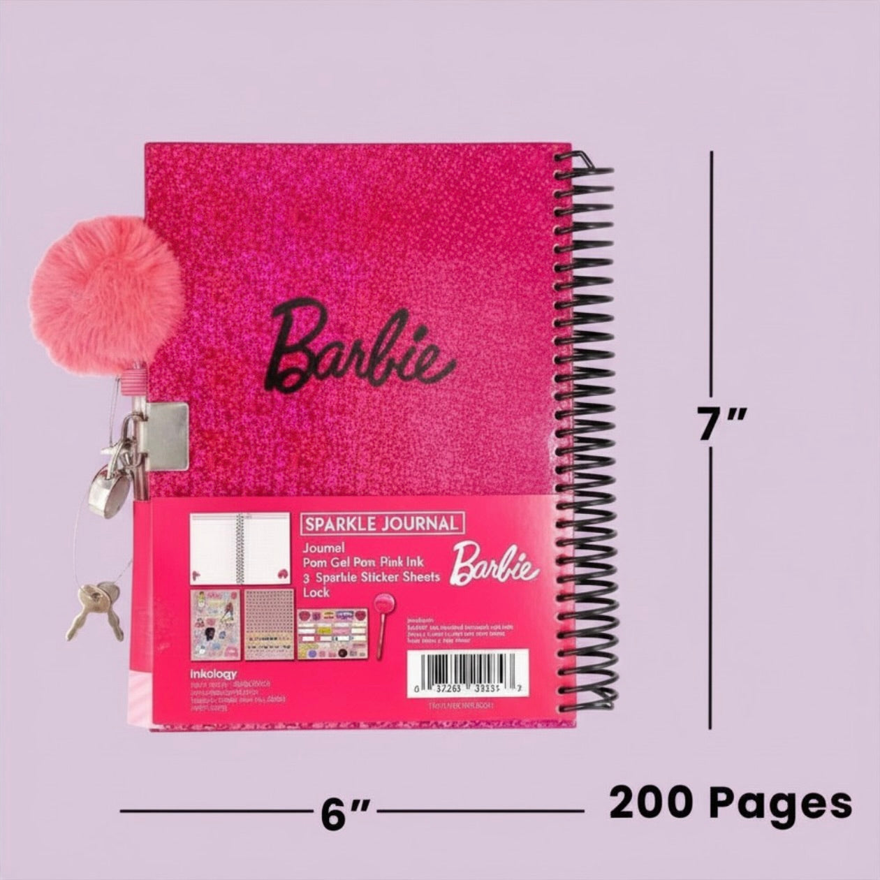 Barbie Glitter Spiral Journal with Lock, Key & Pom Pom Pen