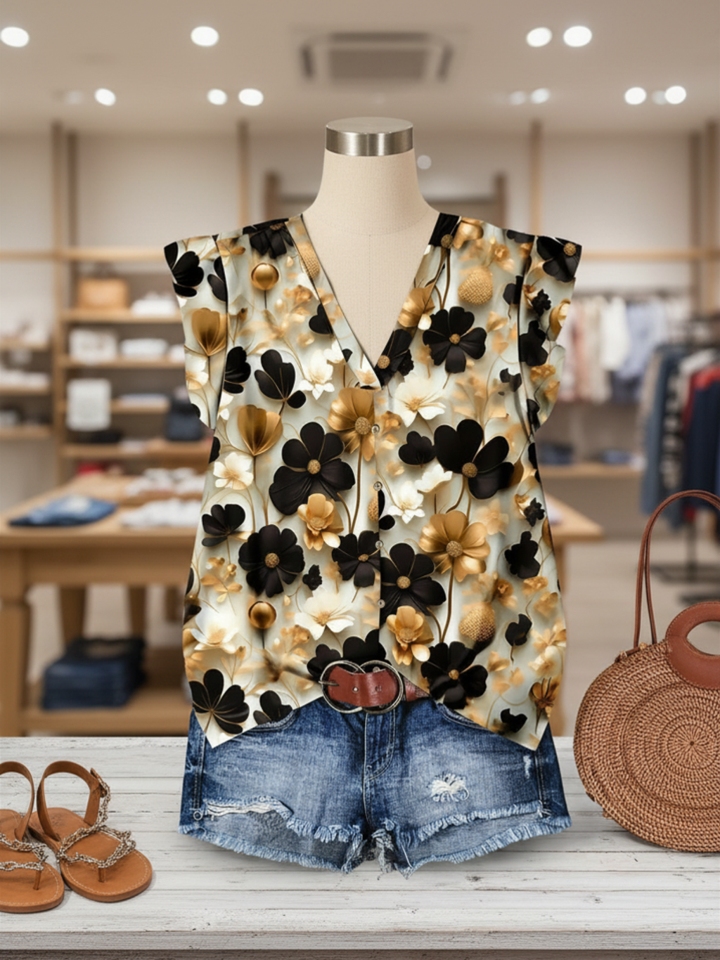 Bohemian Flutter Sleeve Blouse Floral Print Top – Gold & Black