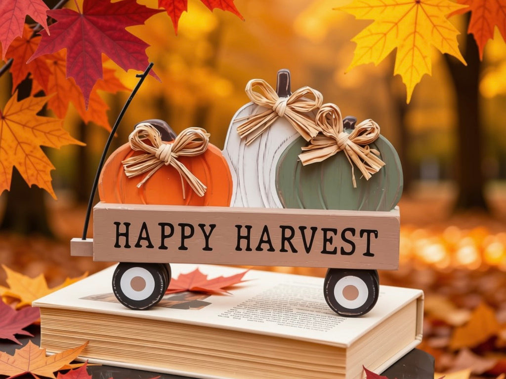 Happy Harvest pumpkin wagon sitter on stack of books with fall maple leaves