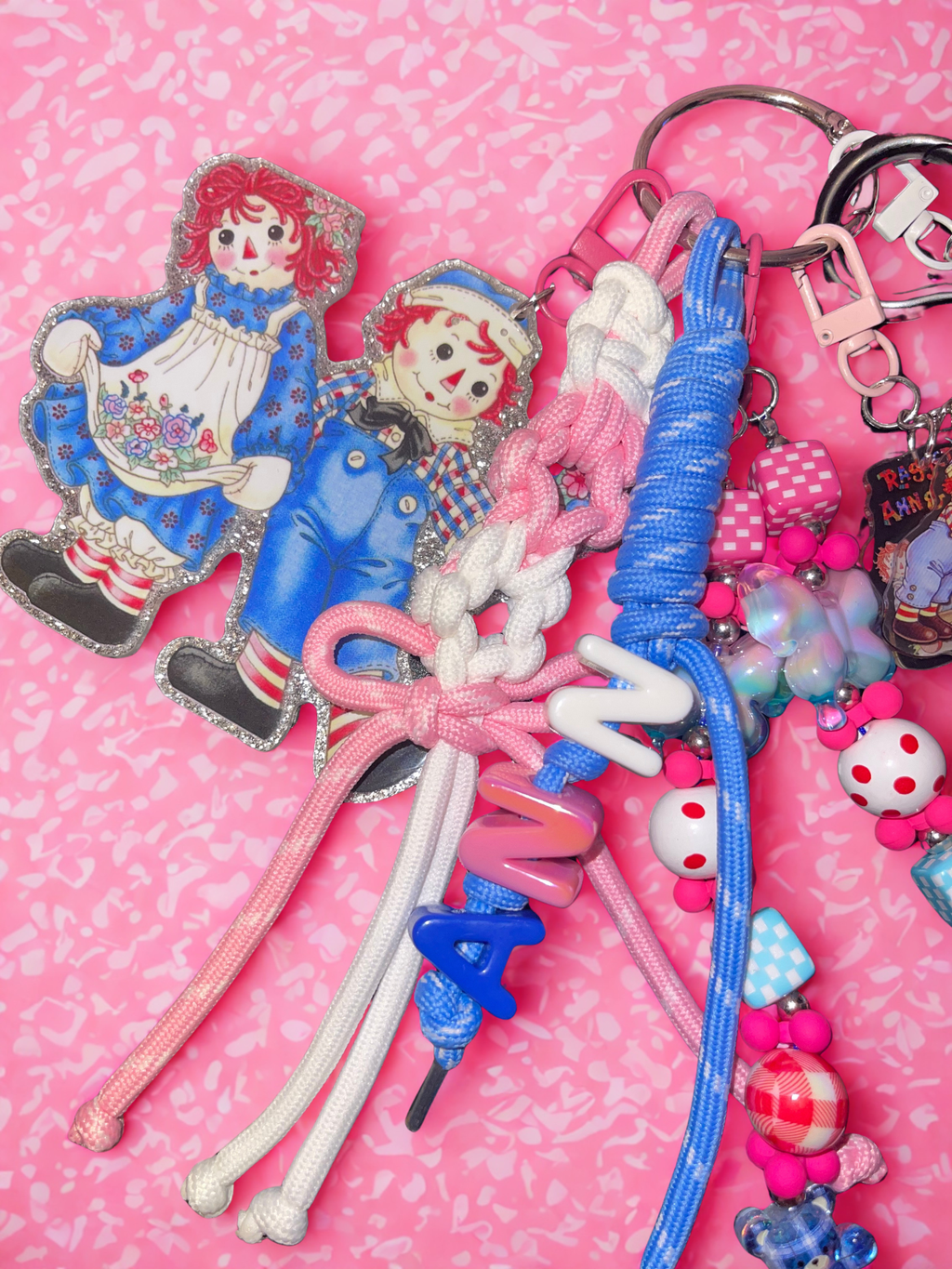 Rag Doll Pink Loaded Bag Charm – Paracord Keychain with Blue Bear & Arthur Dog Accents