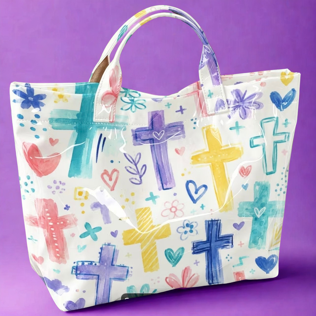 Watercolor cross tote bag on purple background – front view