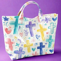 Watercolor cross tote bag on purple background – front view