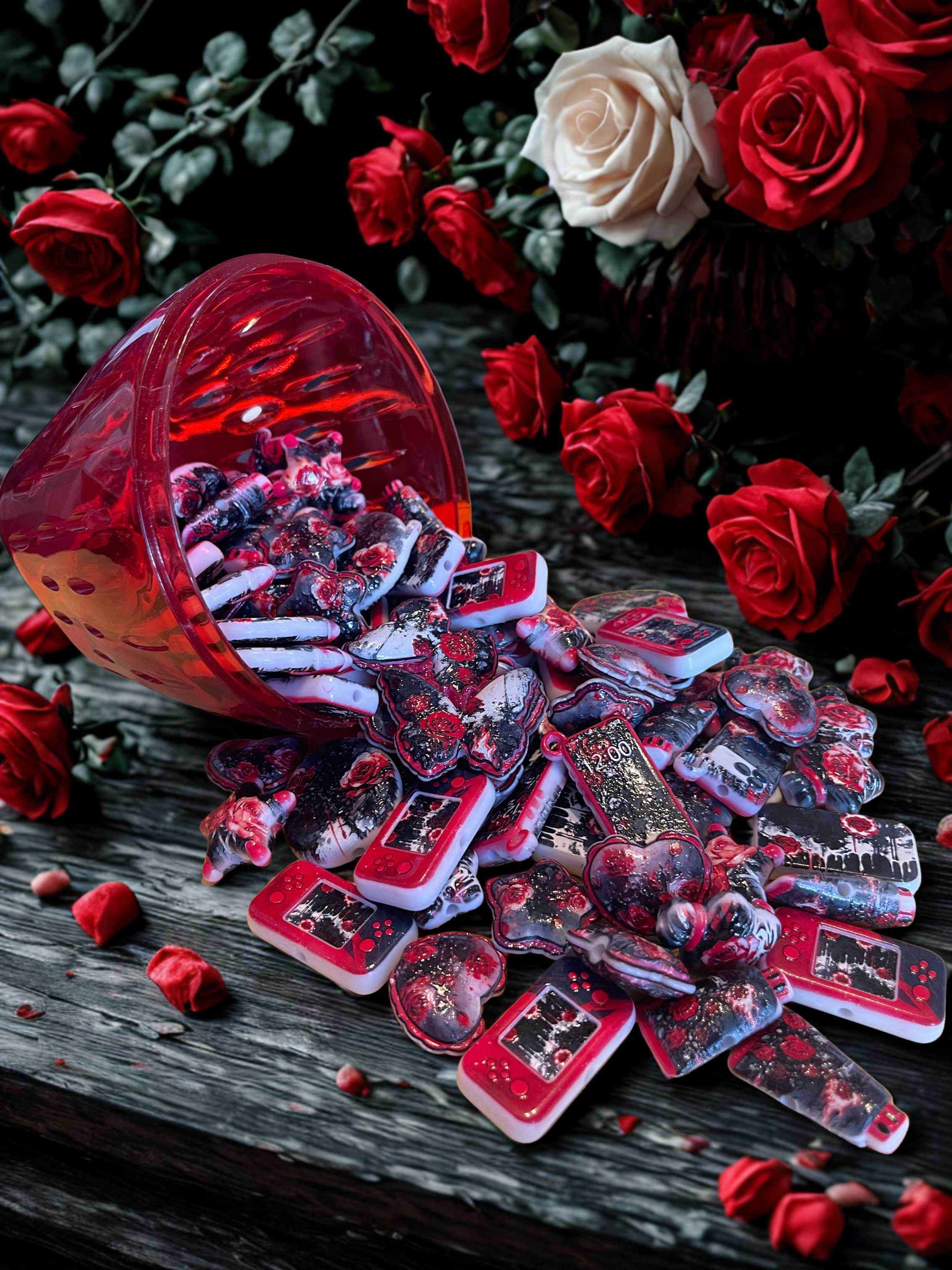 Black & Red Rose Beads | Gothic Floral Acrylic Fashion Beads