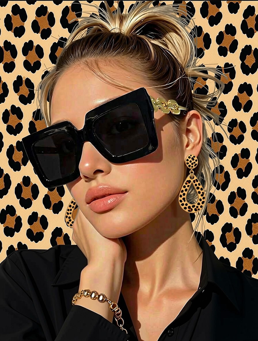 Chain Reaction Sunglasses worn by model with leopard print background