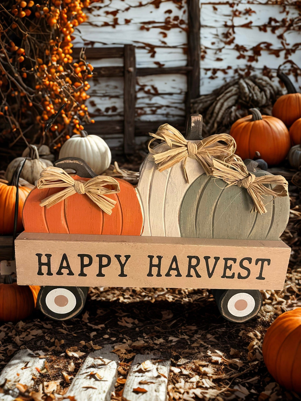 Happy Harvest pumpkin wagon sitter surrounded by real pumpkins and orange berries