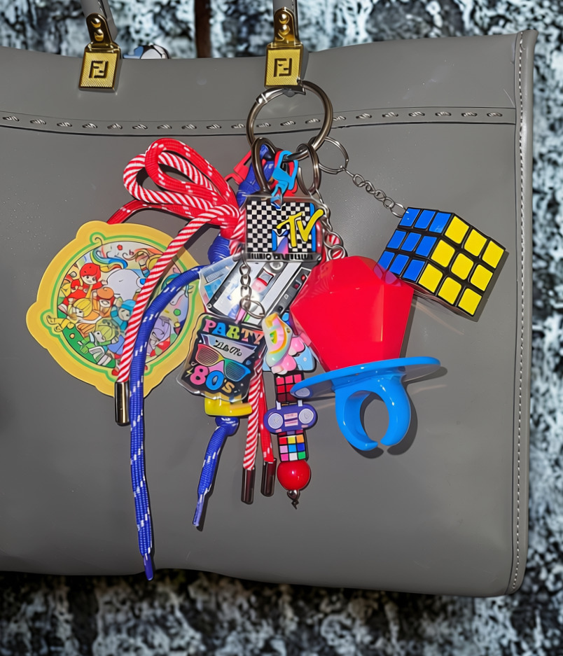 80s bag charm - Skate-Straw variant with Berry Girl character and RAD bead strand