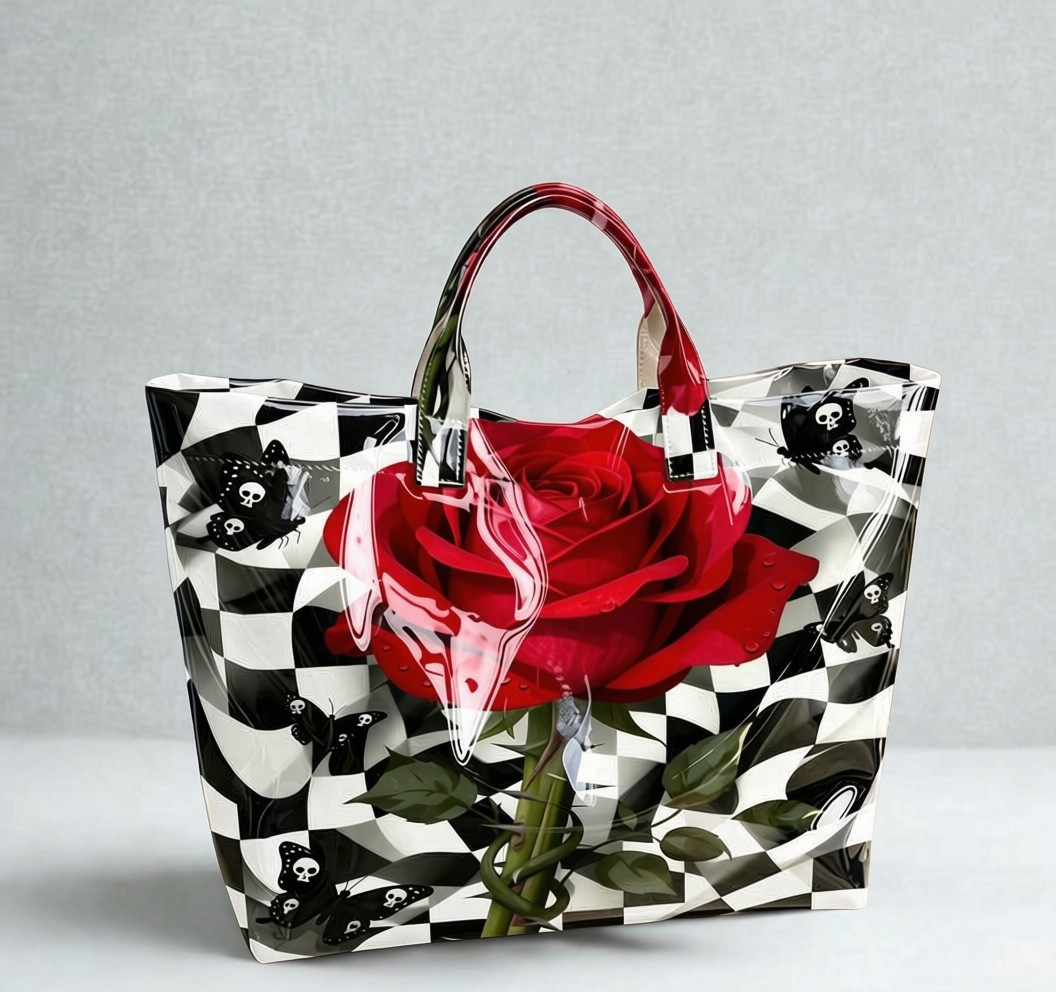 Gothic Rose Checkered Print Tote Bag – Large Glossy PVC Shoulder Bag