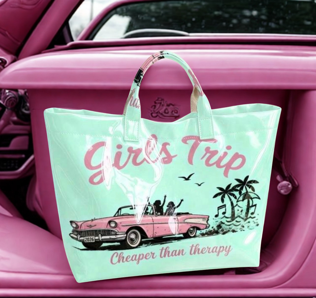 Girls Trip Vintage Convertible Tote Bag – Large Shiny Mint Green PVC Handbag