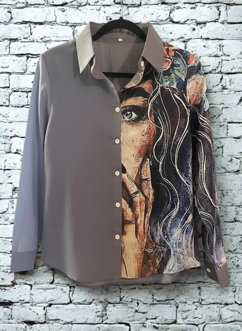 Asymmetric floral art print blouse in gray - worn lifestyle shot detail