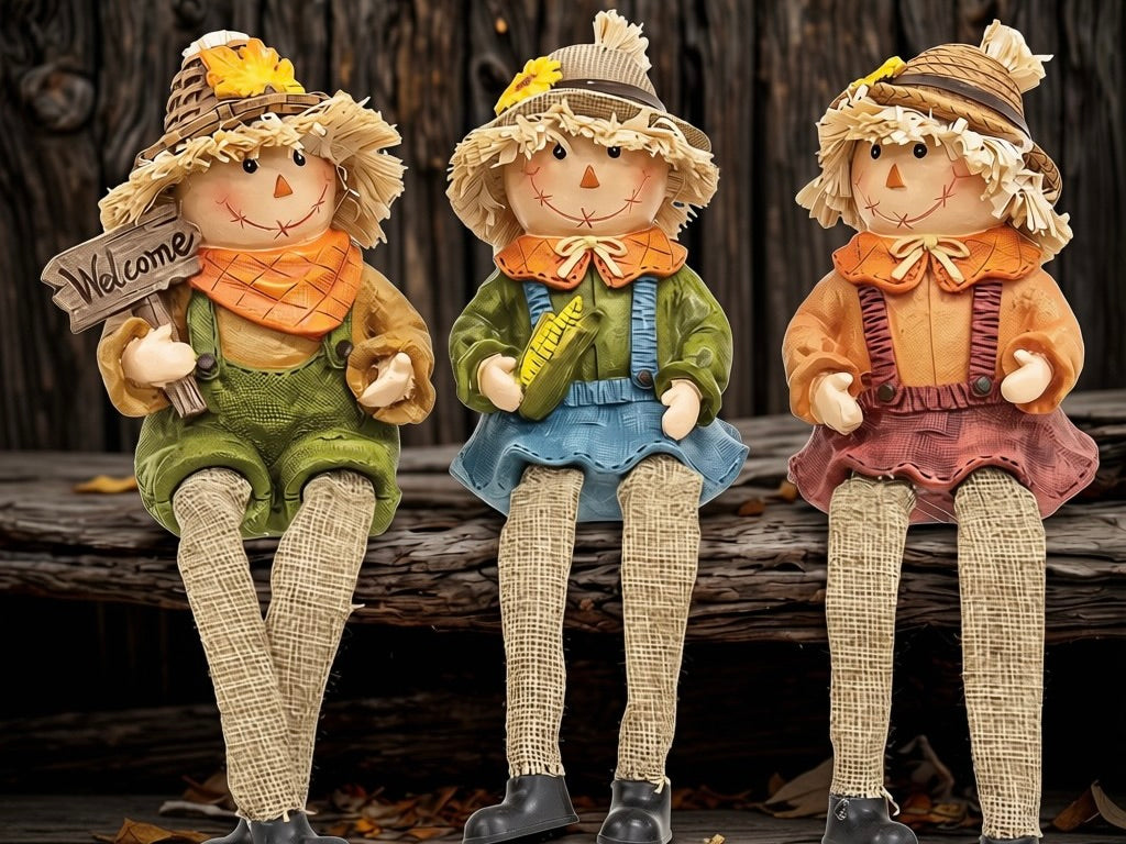 Welcome scarecrow shelf sitter close-up on lace background showing straw hat and orange bandana