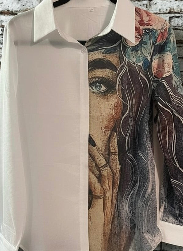 Asymmetric floral art print blouse in gray - front view folded