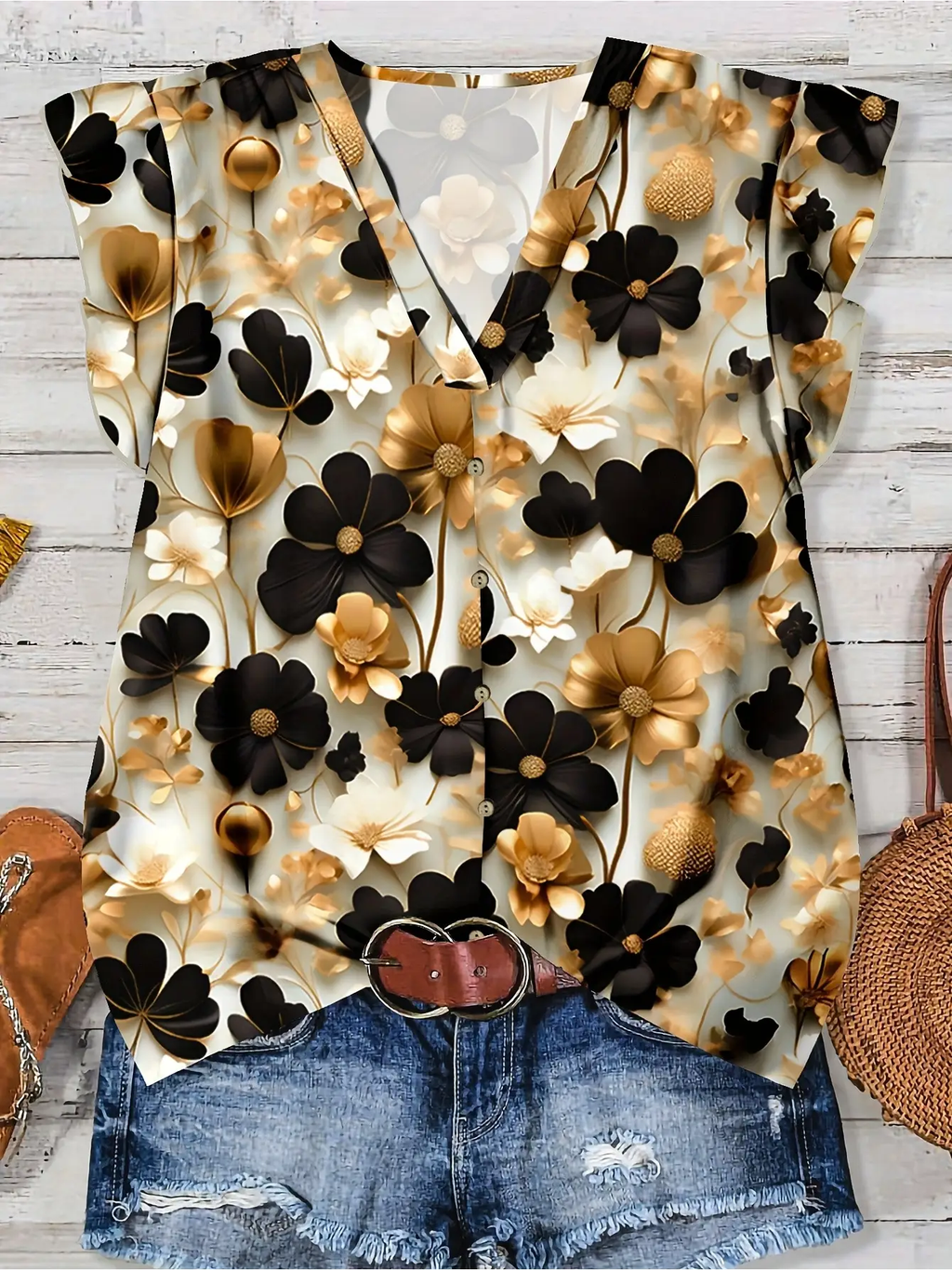 Bohemian Flutter Sleeve Blouse Floral Print Top – Gold & Black