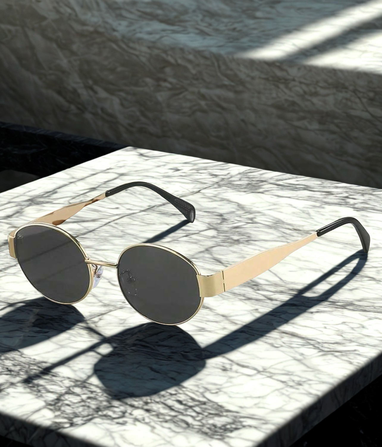Oval Obsession Sunglasses on white surface editorial shot
