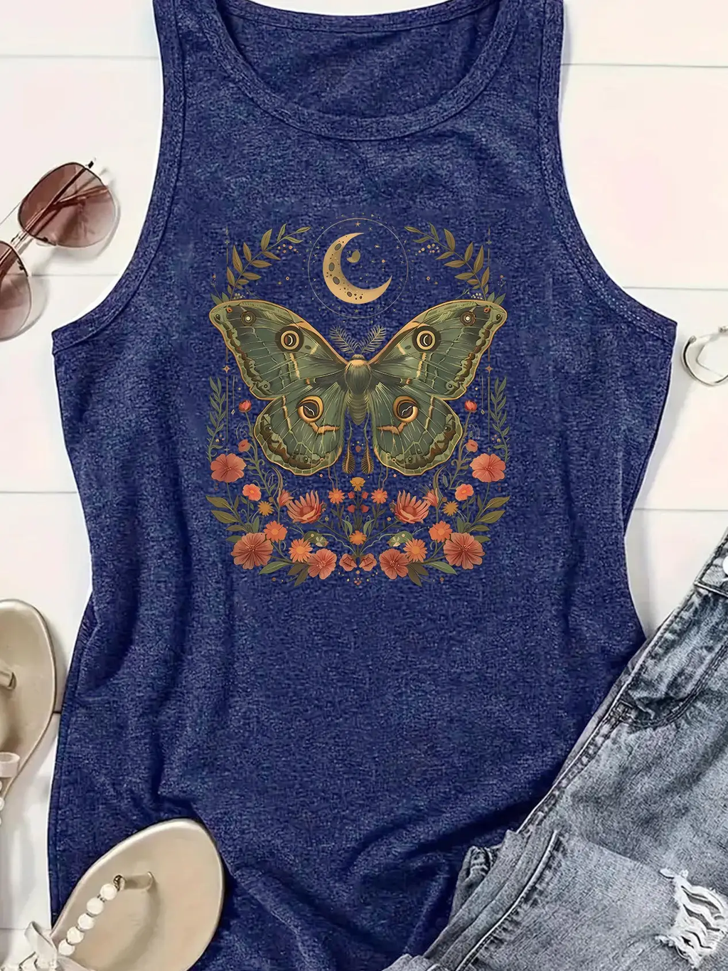 Boho Celestial Butterfly Print Crew Neck Tank Top