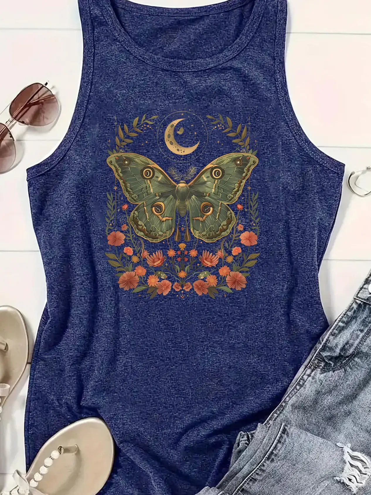 Boho Celestial Butterfly Print Crew Neck Tank Top