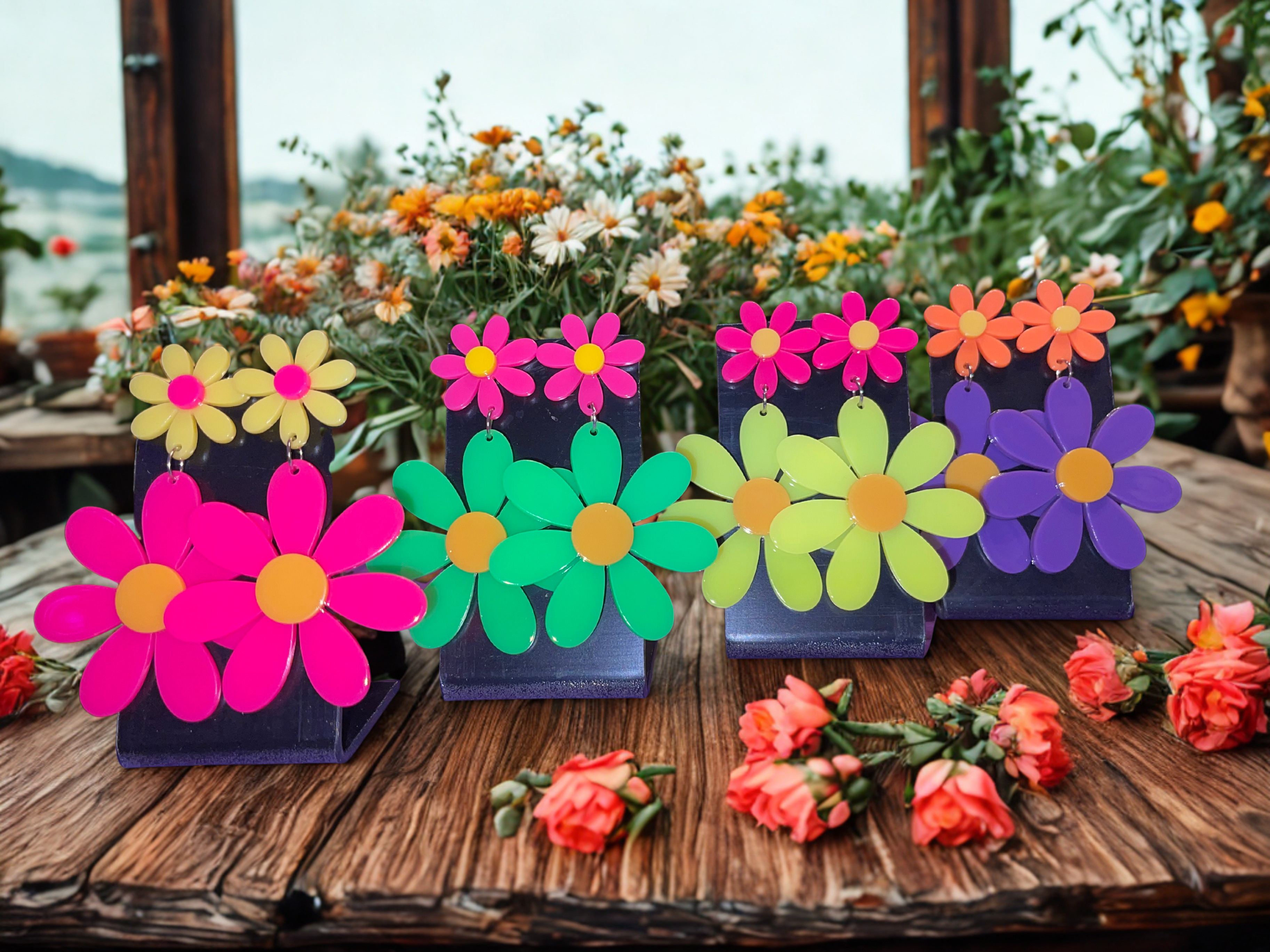 Neon Boho Daisy Earrings