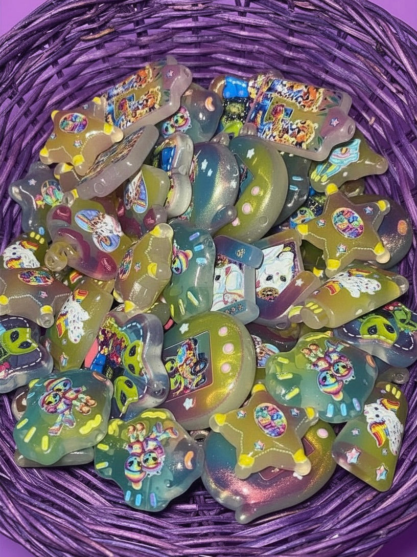 Rainbow jelly fantasy bead charms in purple wicker basket