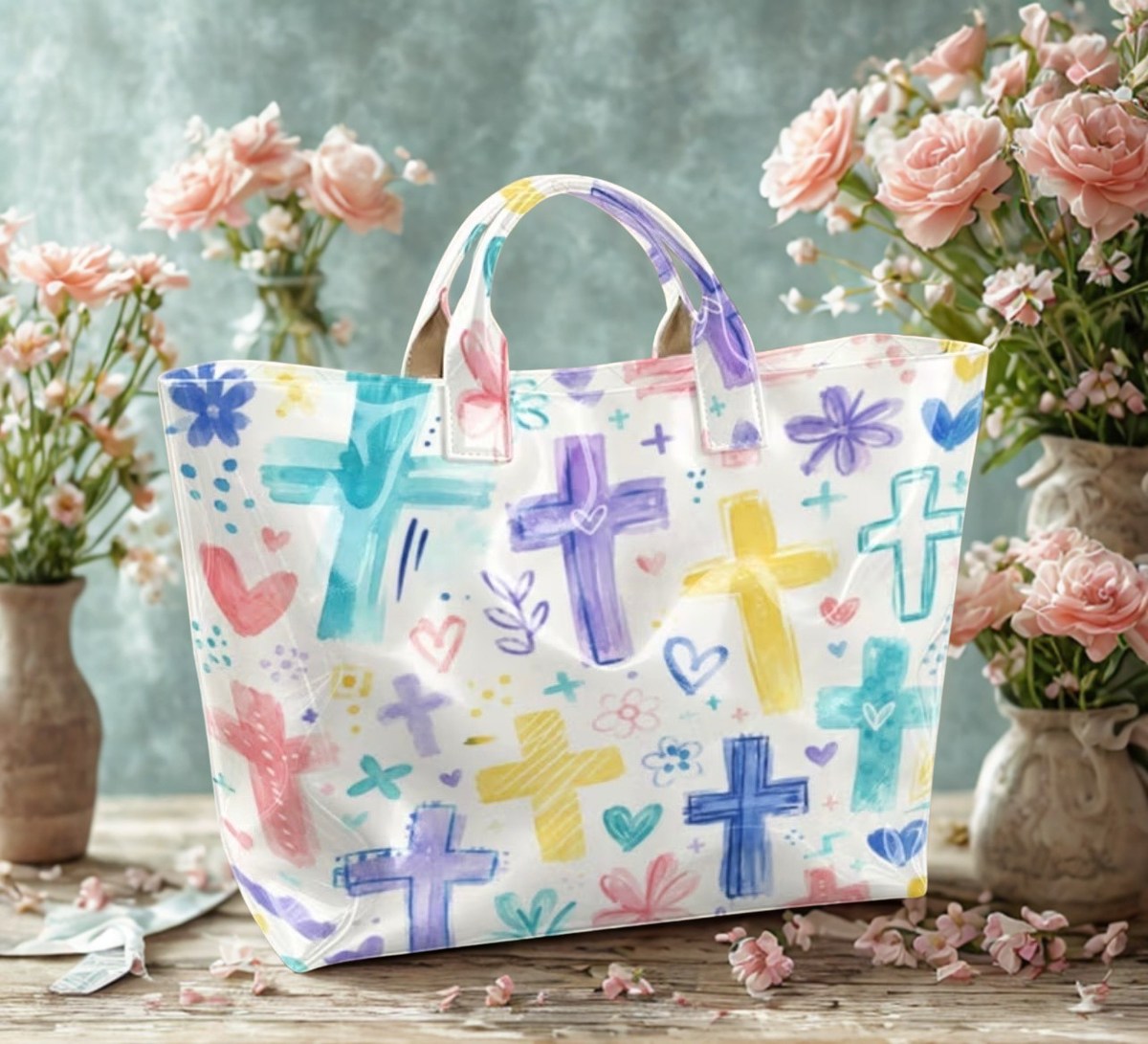 Watercolor cross tote bag styled with pink roses and flowers