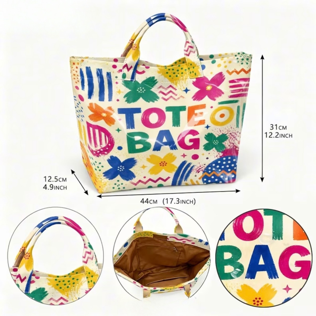 Colorful graffiti tote bag with dimensions shown – front and detail views