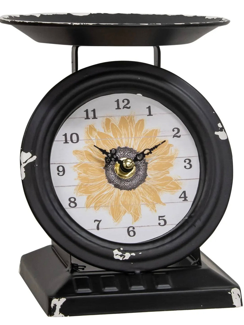 Vintage sunflower scale clock styled on farmhouse kitchen counter with apples and mason jars