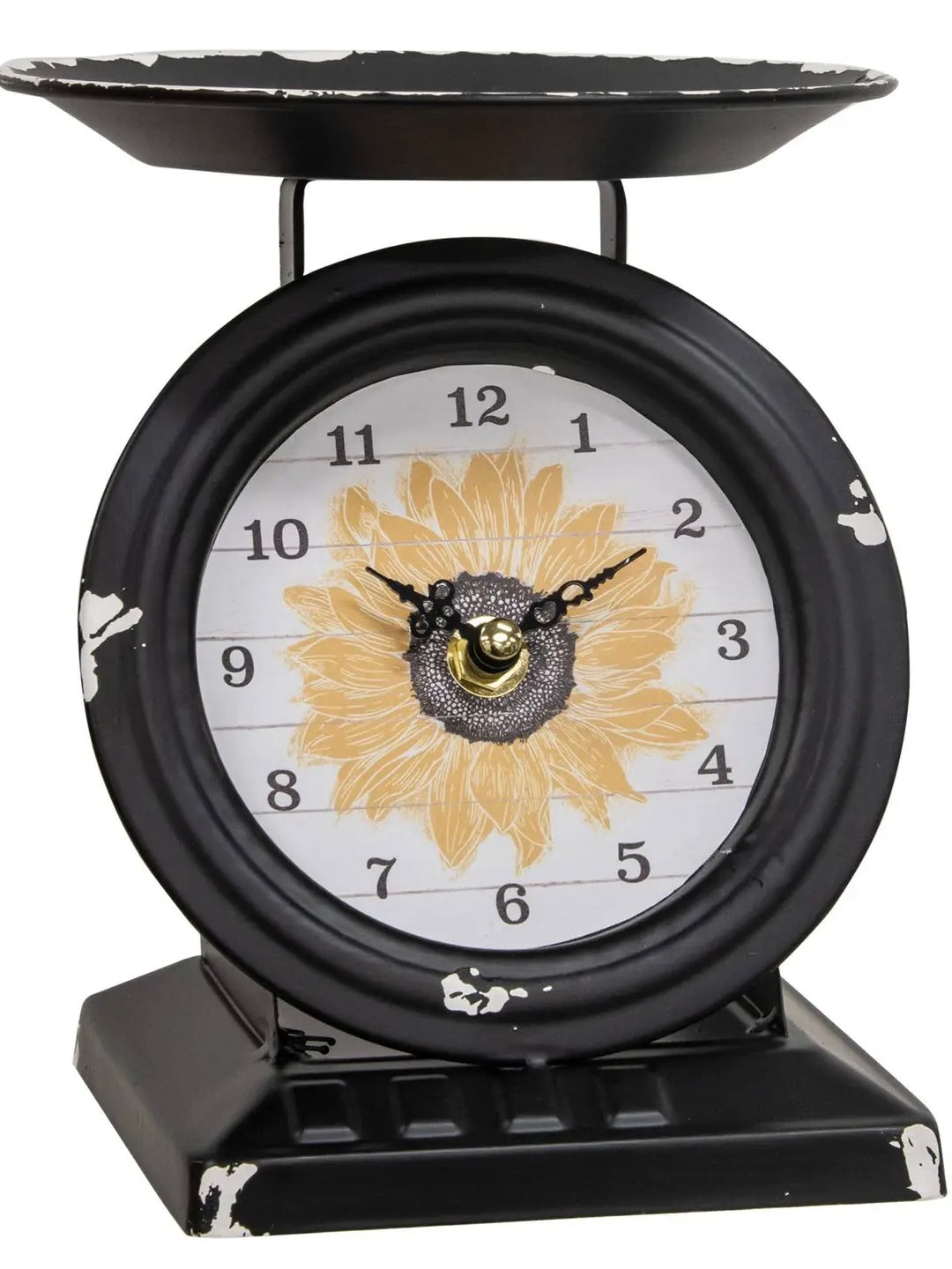 Vintage sunflower scale clock styled on farmhouse kitchen counter with apples and mason jars
