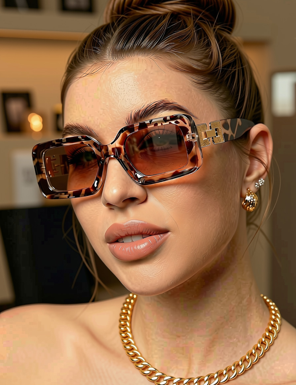 Wild Luxe Rectangle Sunglasses worn by model with gold chain necklace