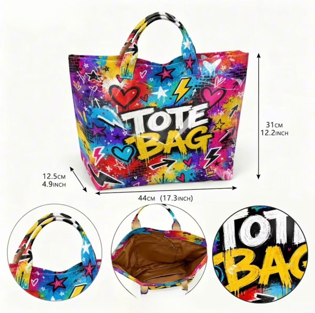 Graffiti heart and lightning bolt tote bag with dimensions – front and detail views