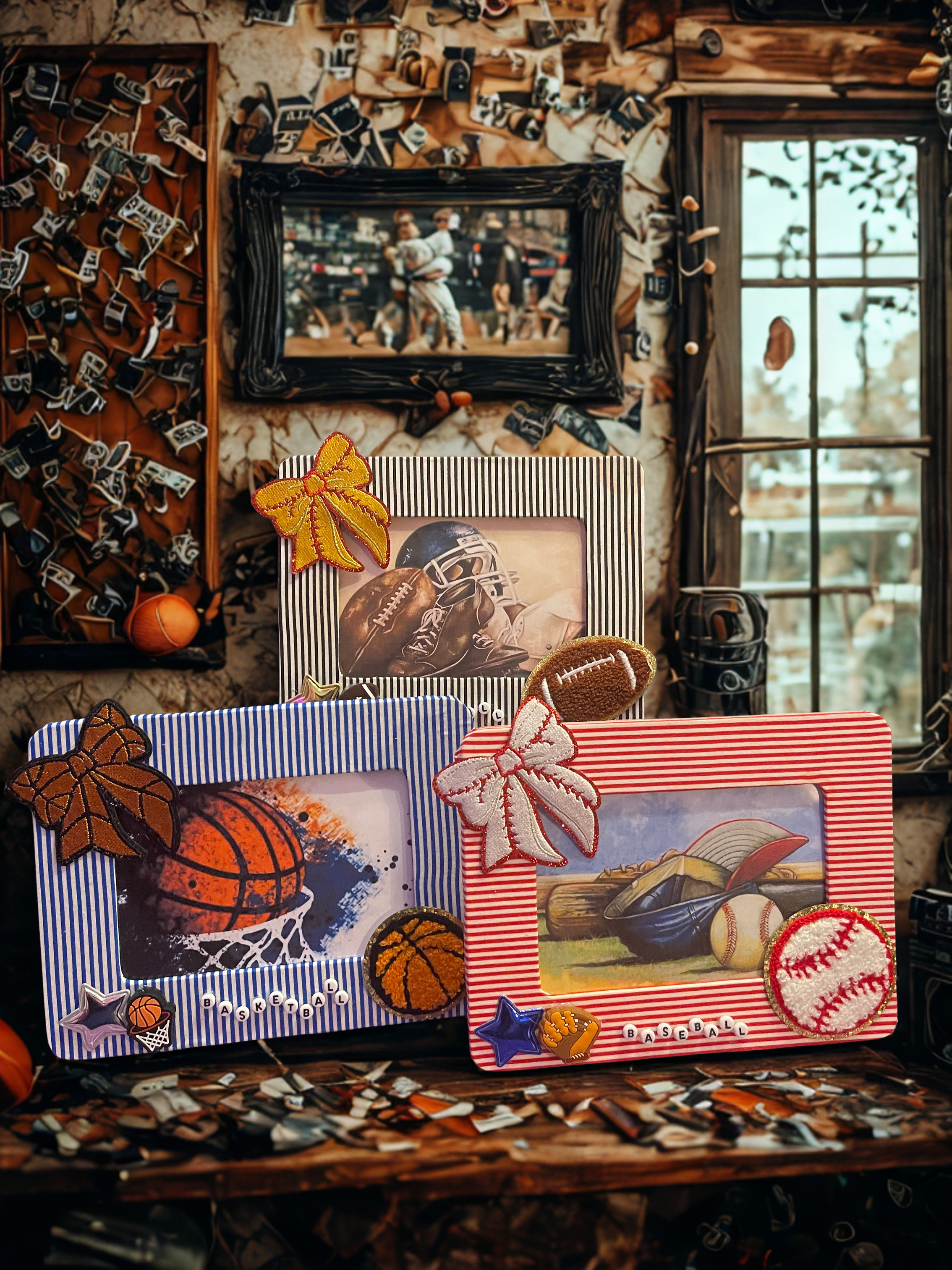 Embellished Sports Photo Frame - Handmade Fabric & Bead Decorated Wood Frame, 4x6 Photo, Sports Fan Gift