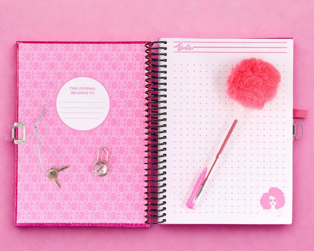 Barbie Glitter Spiral Journal with Lock, Key & Pom Pom Pen