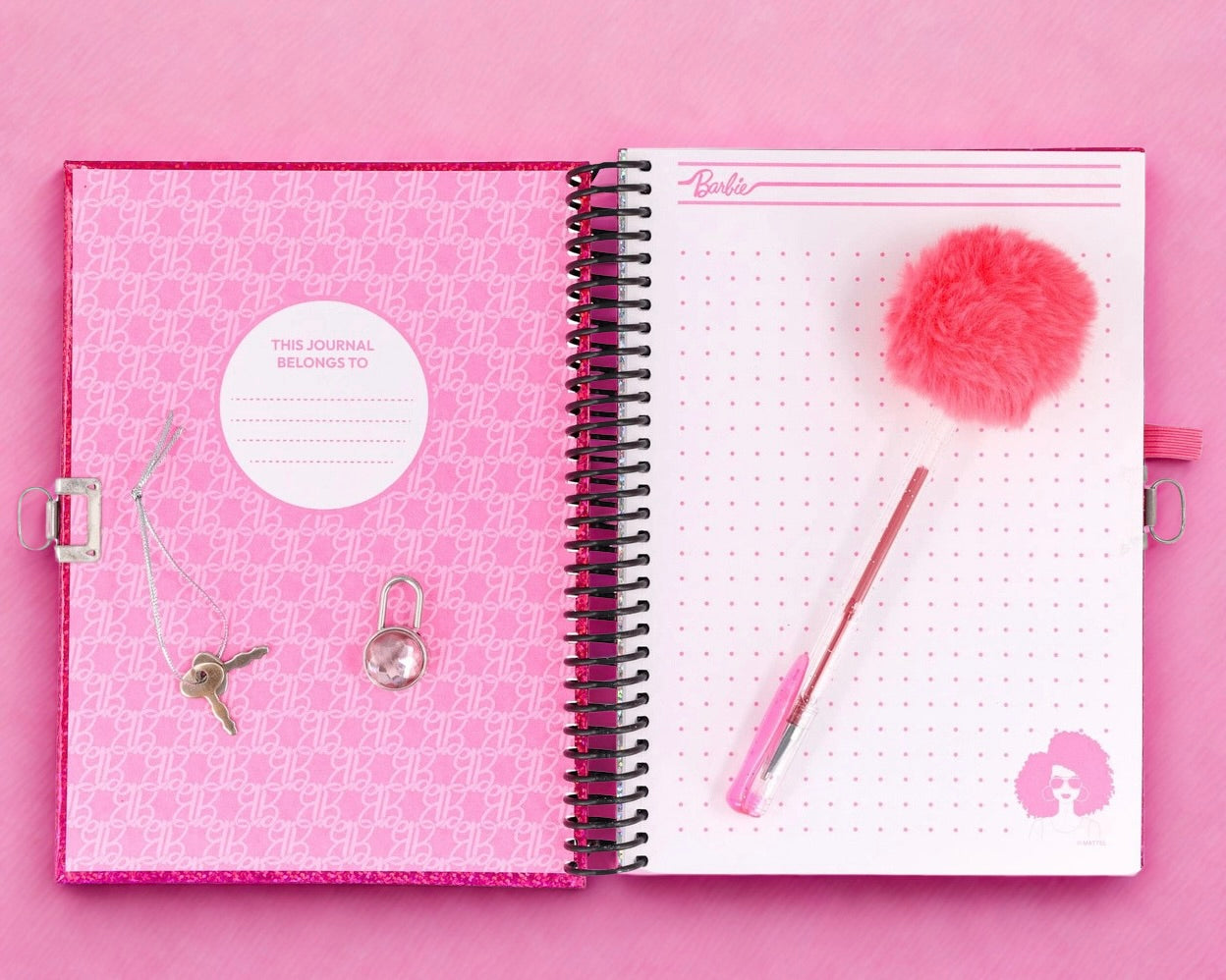 Barbie Glitter Spiral Journal with Lock, Key & Pom Pom Pen