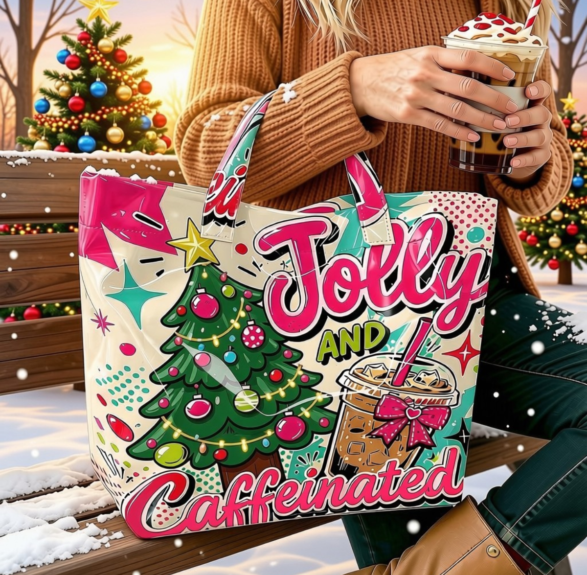 Woman sitting on snowy bench holding Jolly and Caffeinated tote bag and iced coffee
