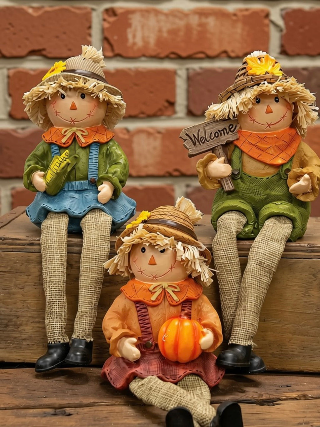 Raggedy scarecrow shelf sitter lifestyle shot with fall decor