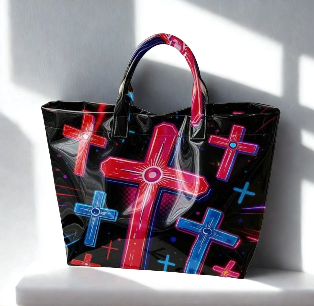 Neon Cyber Cross Printed Tote Bag – Large Transparent PVC Waterproof