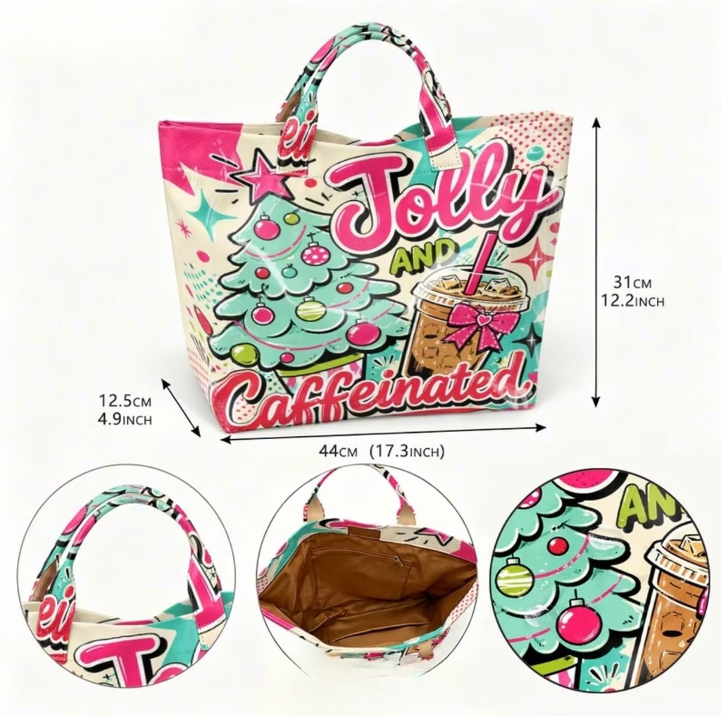 Jolly and Caffeinated Christmas tote bag with dimensions showing front and detail views