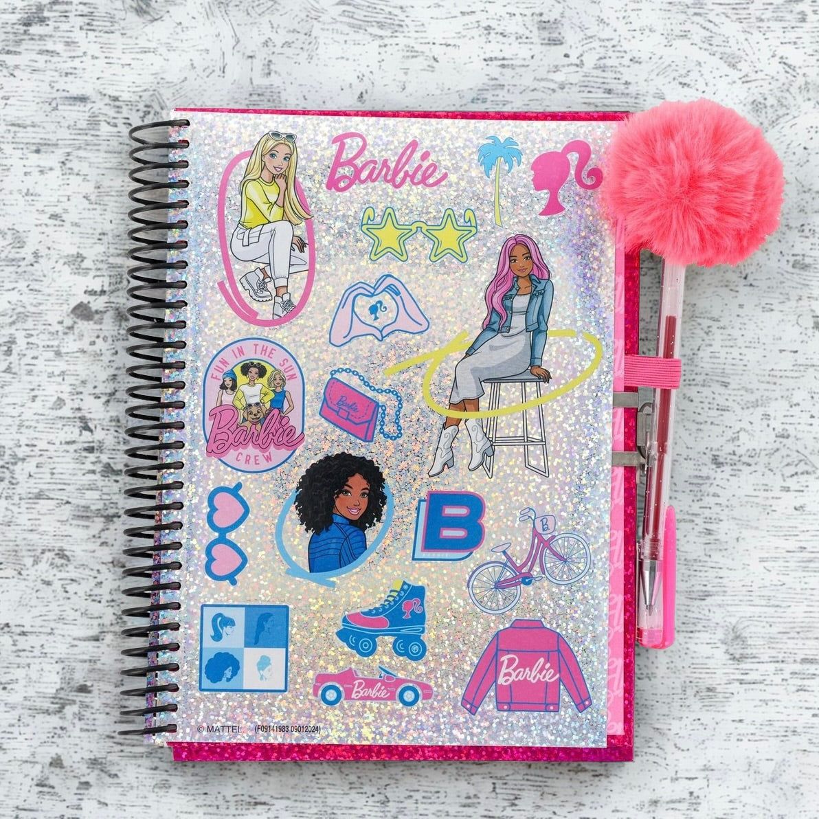 Barbie Glitter Spiral Journal with Lock, Key & Pom Pom Pen