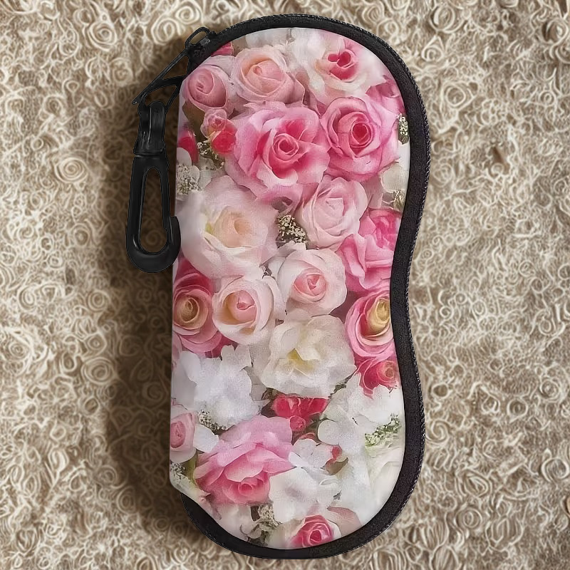 Pink & Cream Rose Neoprene Zippered Glasses Case