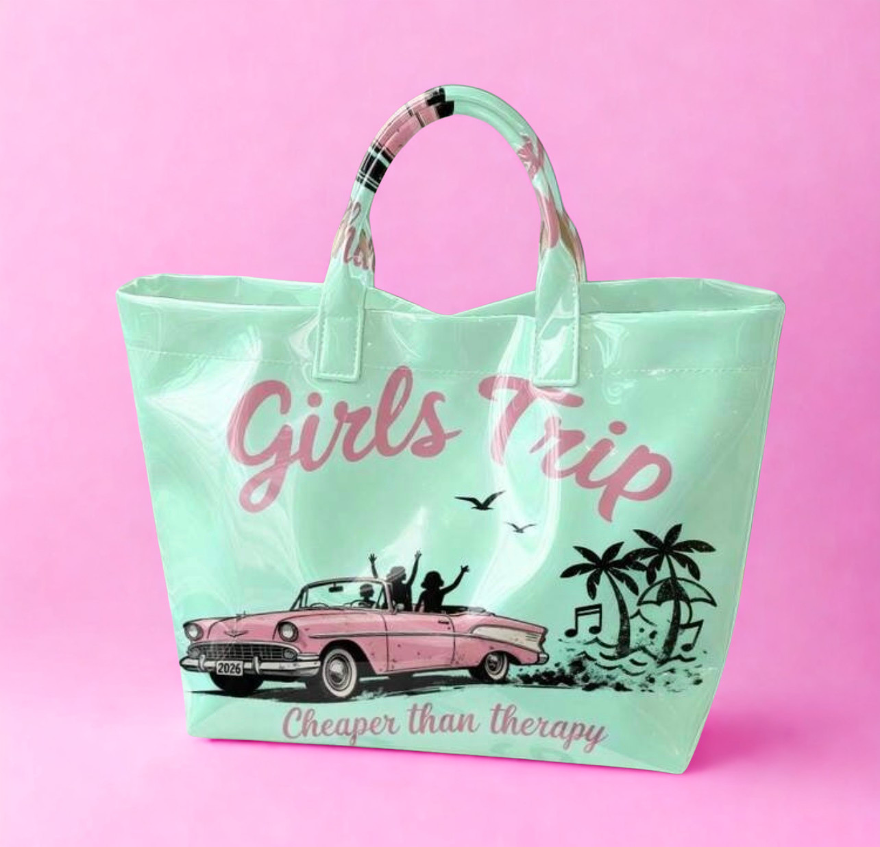 Girls Trip Vintage Convertible Tote Bag – Large Shiny Mint Green PVC Handbag
