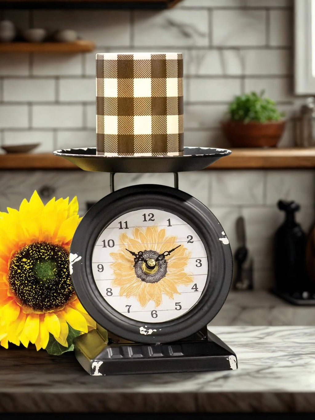 Vintage sunflower scale clock outdoor lifestyle shot with sunflowers in background