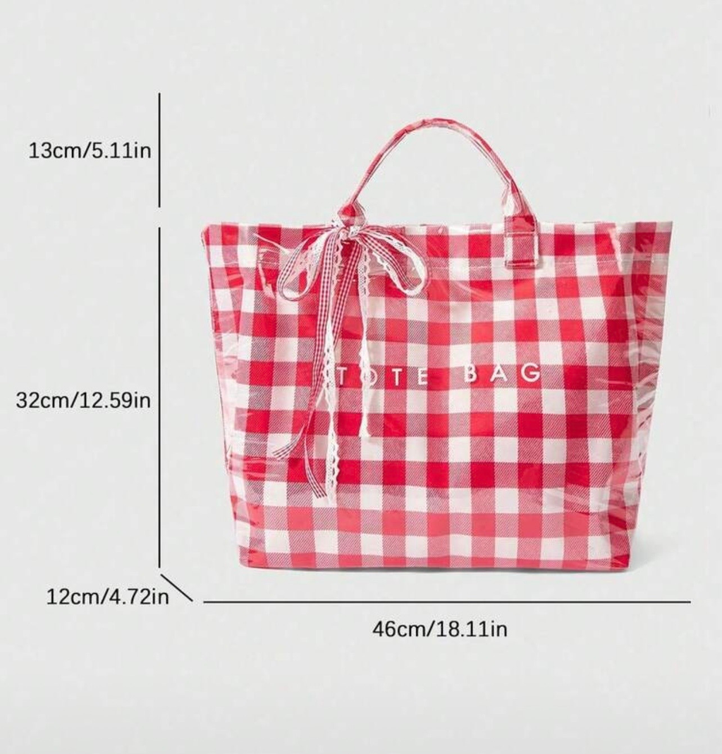 Red Plaid Gingham Tote Bag – Large PVC Travel & Shopping Bag with Bow Detail