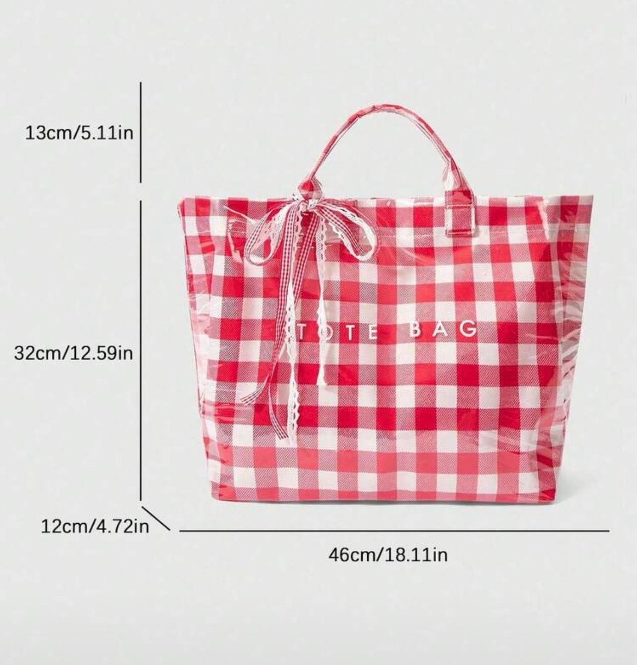 Red Plaid Gingham Tote Bag – Large PVC Travel & Shopping Bag with Bow Detail