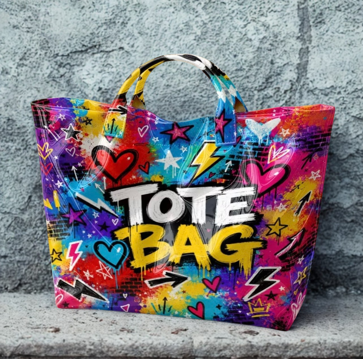 Graffiti tote bag against gray concrete wall
