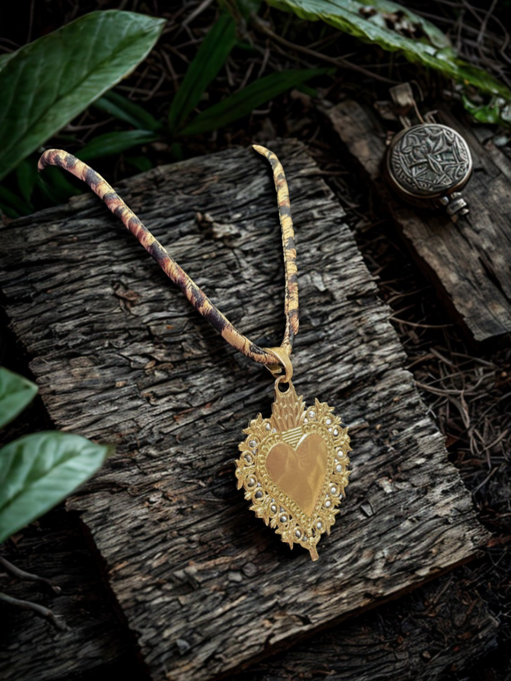 Retro Leopard Corded Necklace with Hammered Heart Pendant