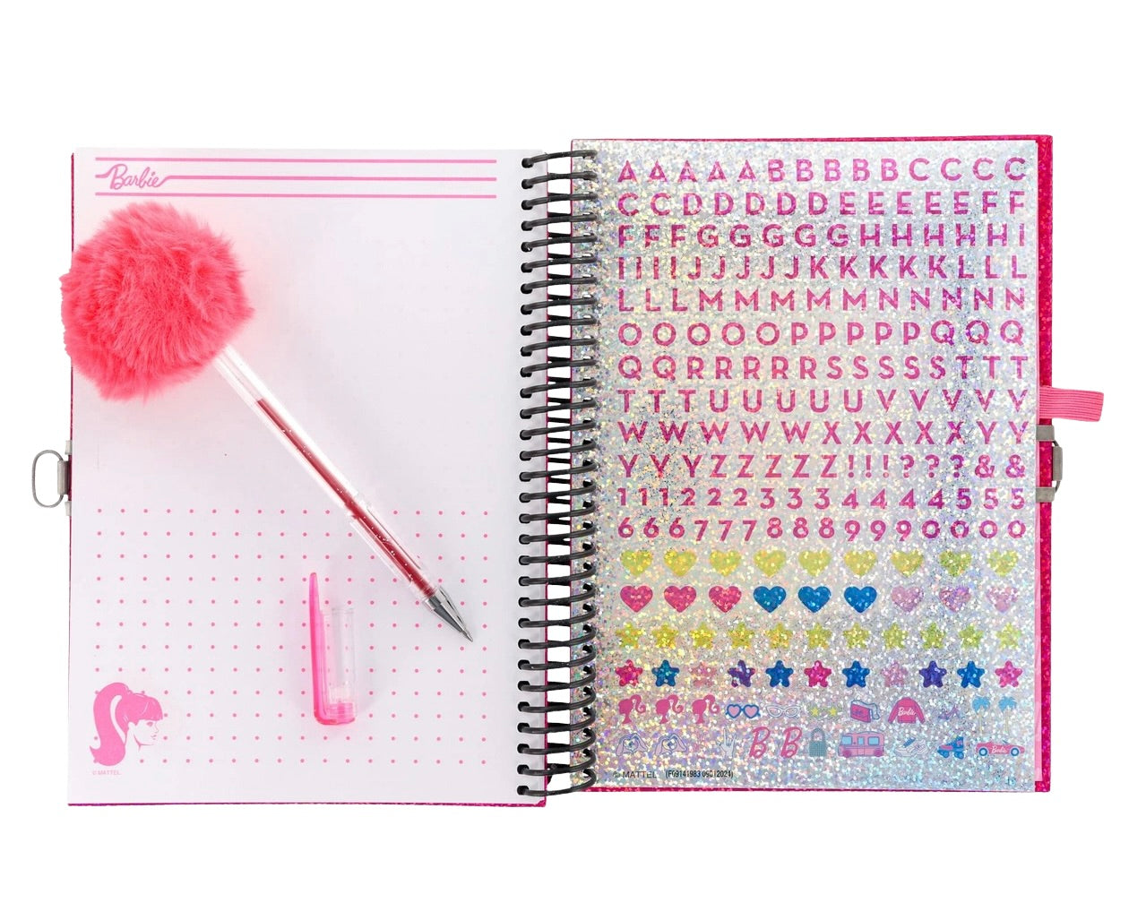 Barbie Glitter Spiral Journal with Lock, Key & Pom Pom Pen