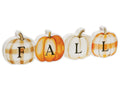 Fall patchwork pumpkins wooden sitter on white farmhouse table with yellow flowers